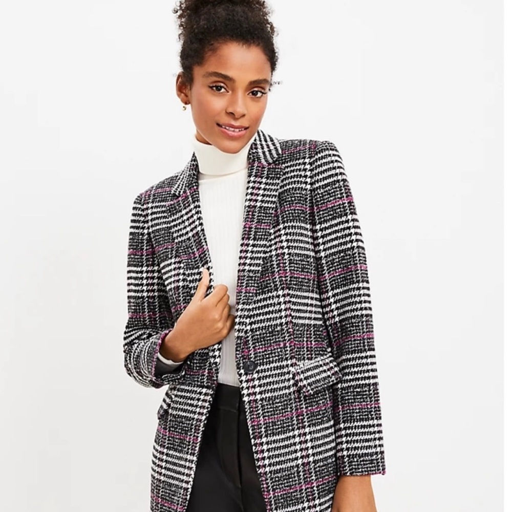 Loft Plaid Long Modern Blazer Black Pink White Jacket Size 2 Lined